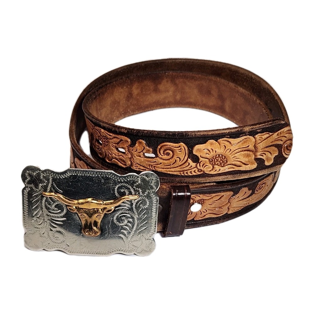 Vintage Chambers Hand Tooled Leather Western Belt 36 Nickel Silver Longhorn